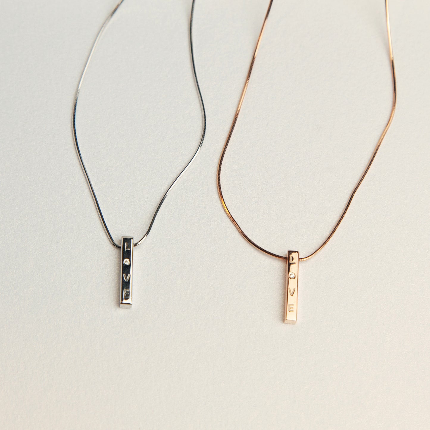 Sterling Silver Vertical Bar Necklace, Silver Minimalist Snake Chain Adjustable Choker Necklace, Rose Gold Plated Love Cube Pendant Necklace