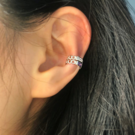 Sterling Sliver Crystal Tiny Chain Ear Cuff, Skinny Modern Minimalist Ear Cuff, Clear Purple Crystal Rectangle Stone, Piercing Free Earrings