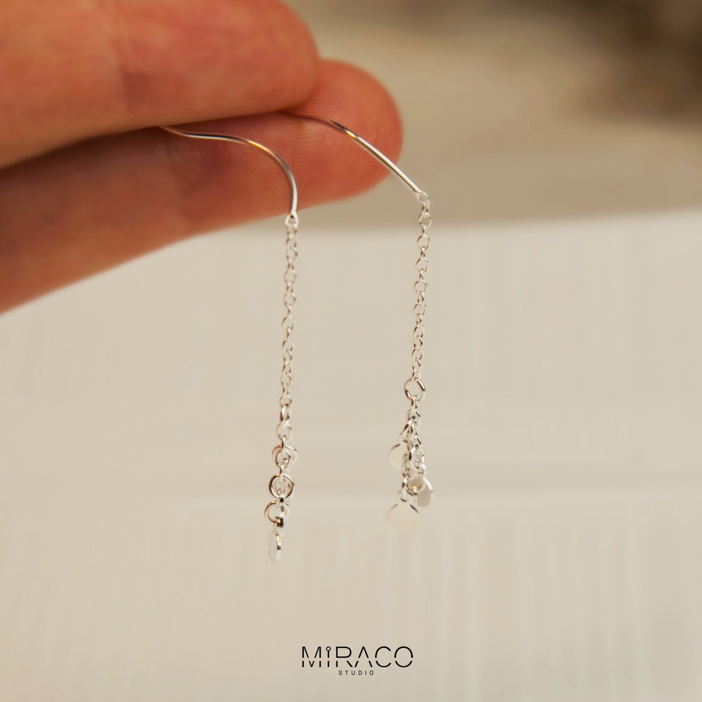 Sterling Sliver Minimalist Ear Wire Chain Threader Earrings, Spiral Wave Threaders, Spiral Earrings, Chain Threaders, Delicate Long Chain Disk Earrings