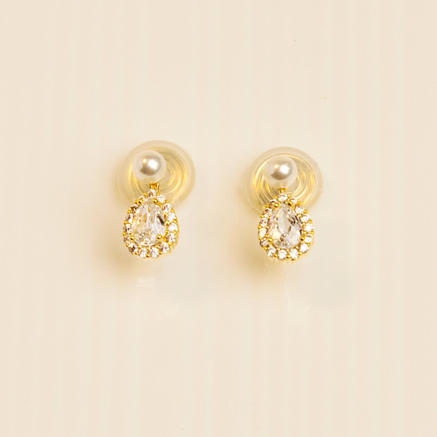 Teardrop Diamond Earrings with Small Faux Pearls, Gold Plated CZ Stud Earrings, Gemstone Stud Earrings, Non Pierced Clip On Earrings