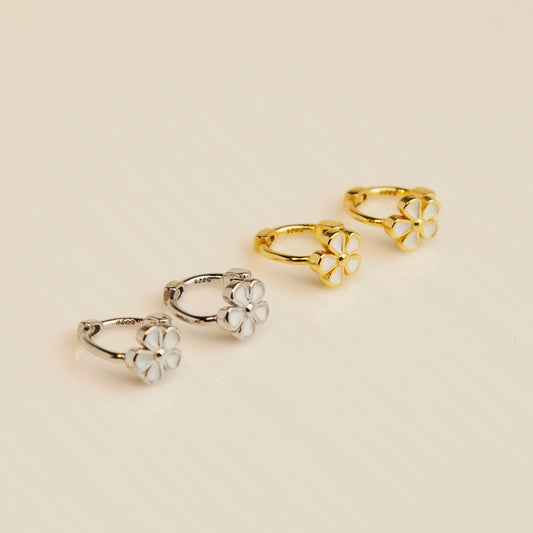 Tiny Enameled Flower Huggie Hoops, Sterling Silver Everyday Hoops, Daisy Flower Hoop Earrings for Stacking, Tiny Dainty Silver Flower Helix Earrings