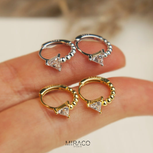 Triangle Diamond Huggie Hoops, Sterling Silver Cartilage Earrings, Geometric Earrings for Stacking, Dainty Crystal Earrings Minimalist Hoops