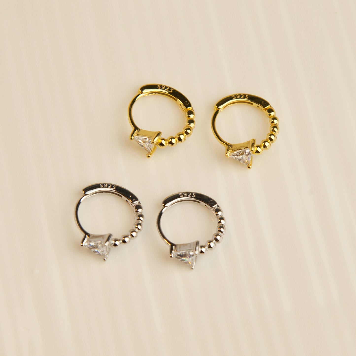 Triangle Diamond Huggie Hoops, Sterling Silver Cartilage Earrings, Geometric Earrings for Stacking, Dainty Crystal Earrings Minimalist Hoops
