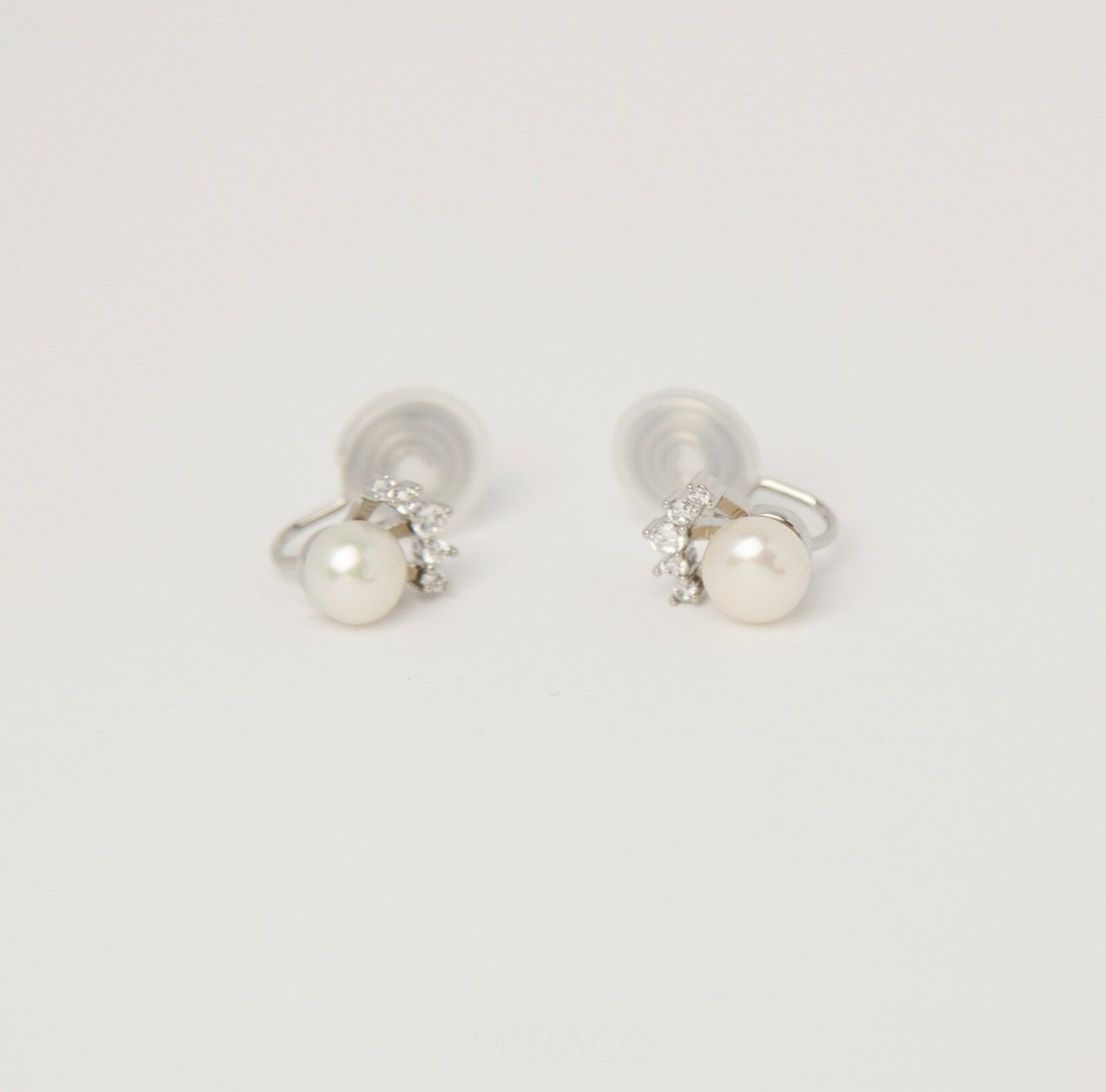 White Freshwater Pearls Diamond Ear Clip, Non Pierced Small Silver CZ Crown Pearl Bridal Studs