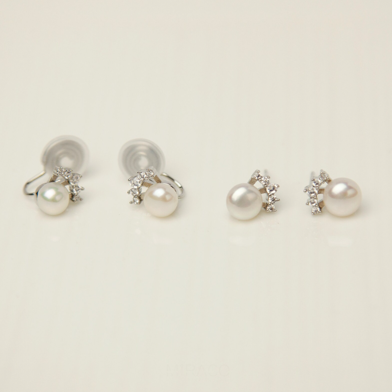 White Freshwater Pearls Diamond Ear Clip, Non Pierced Small Silver CZ Crown Pearl Bridal Studs