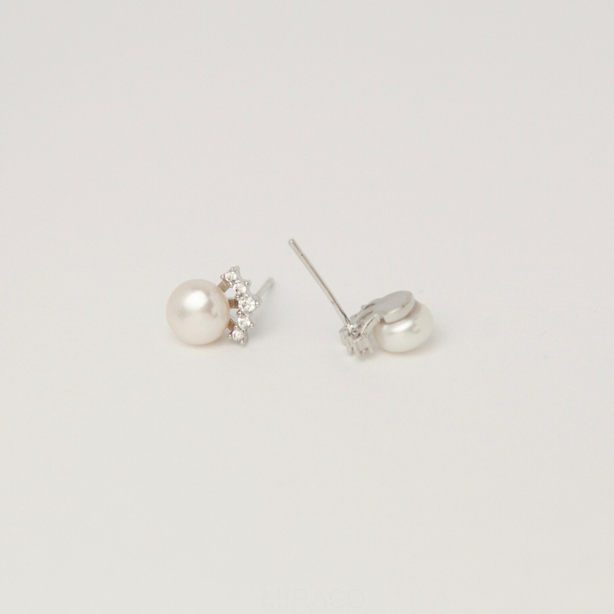 White Freshwater Pearls Diamond Ear Clip, Non Pierced Small Silver CZ Crown Pearl Bridal Studs