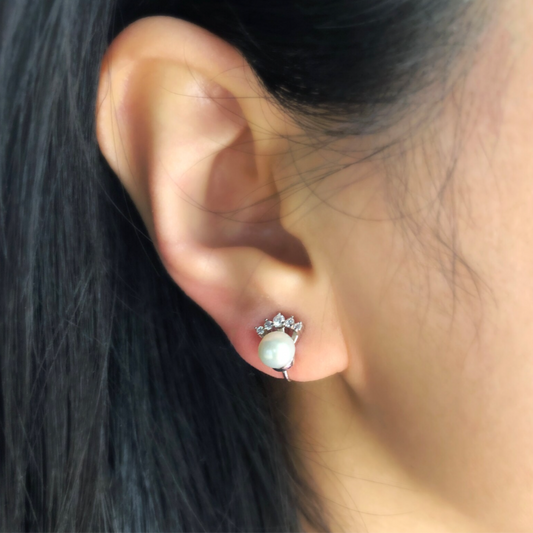 White Freshwater Pearls Diamond Ear Clip, Non Pierced Small Silver CZ Crown Pearl Bridal Studs
