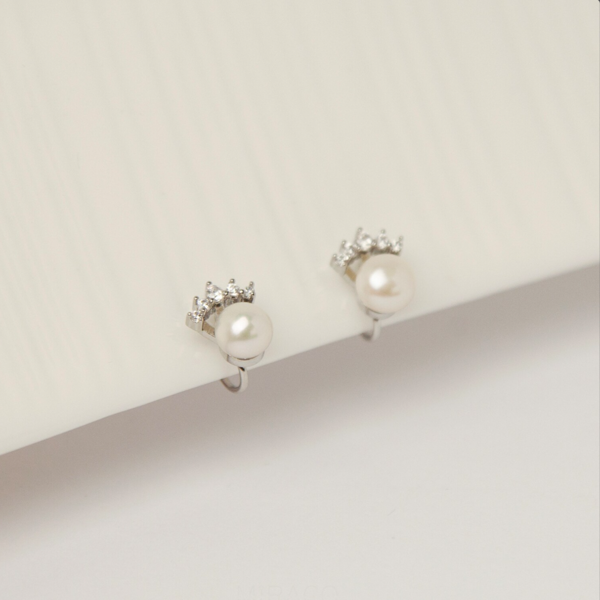White Freshwater Pearls Diamond Ear Clip, Non Pierced Small Silver CZ Crown Pearl Bridal Studs