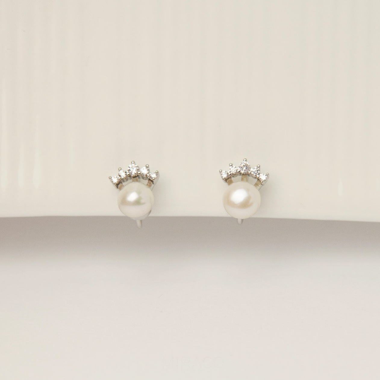 White Freshwater Pearls Diamond Ear Clip, Non Pierced Small Silver CZ Crown Pearl Bridal Studs
