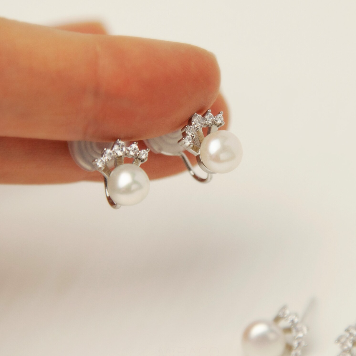White Freshwater Pearls Diamond Ear Clip, Non Pierced Small Silver CZ Crown Pearl Bridal Studs