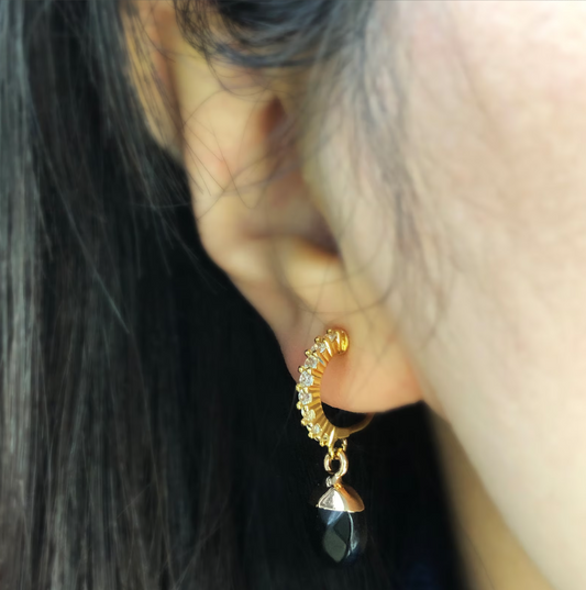 Black Stone Dangle Earrings, Diamond Hoop Earrings, Gold Balck Obsidian Non Pierced Earrings
