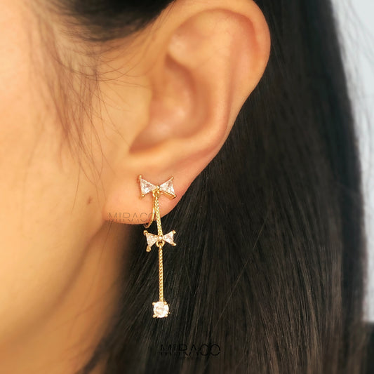 Gold Bow Dangle Clip-On Earrings with CZ Crystals