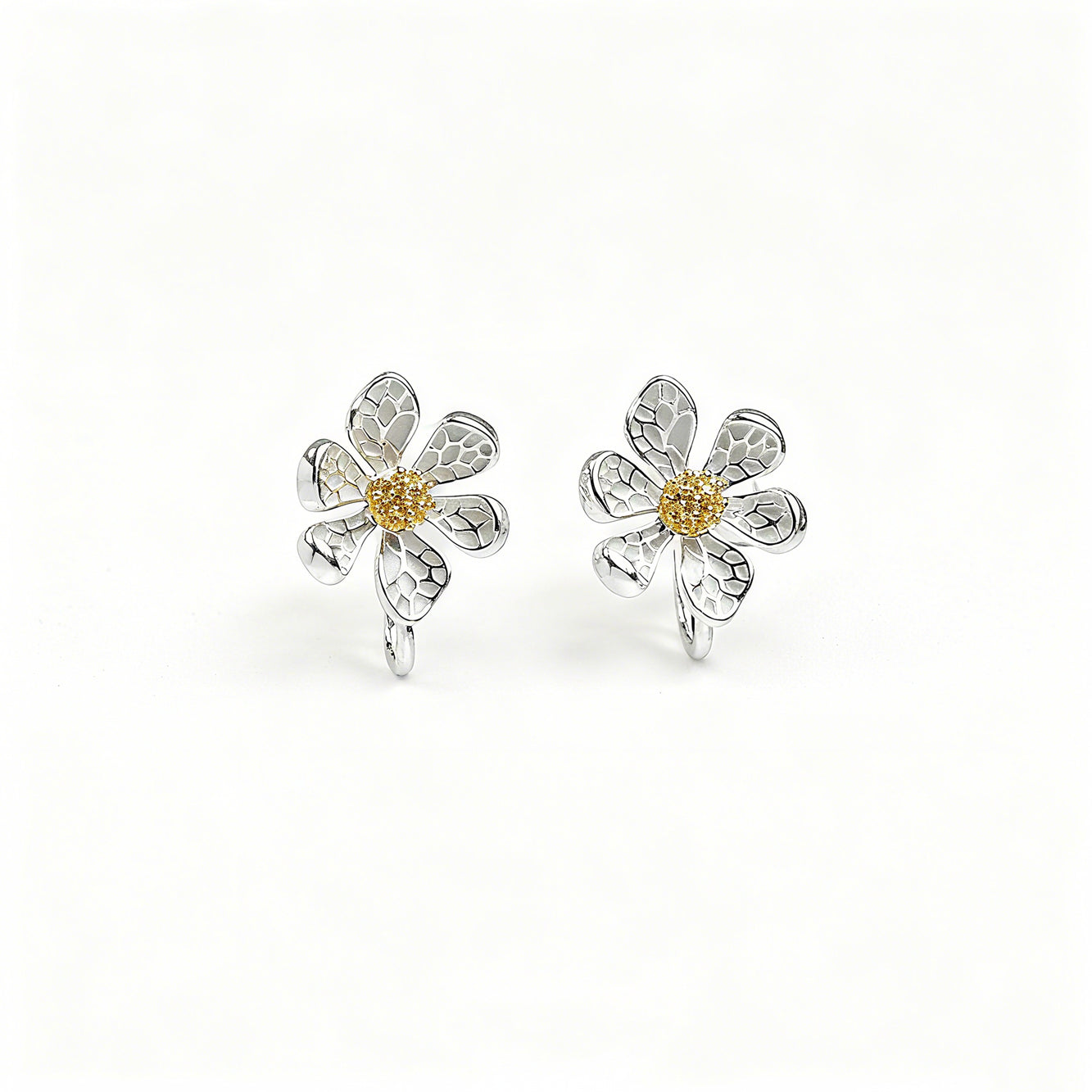 Daisy Stud Clip On Earrings, Silver Flower Textured Floral Studs