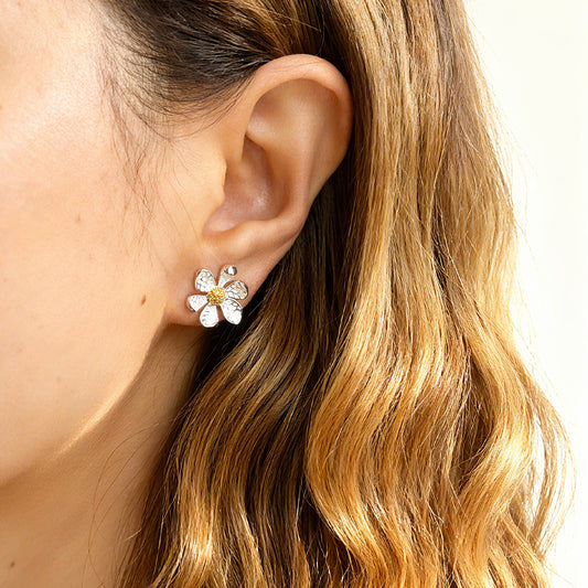 Daisy Stud Clip On Earrings, Silver Flower Textured Floral Studs