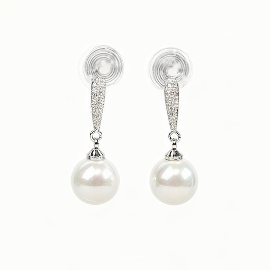 Dangle Clip On Pearl Earrings with Silver Pave Diamond - Clip-On or Pierced Options