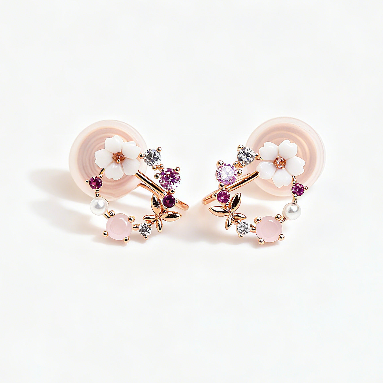 Rose Gold Pink Crystal Floral Open Clip On Earrings