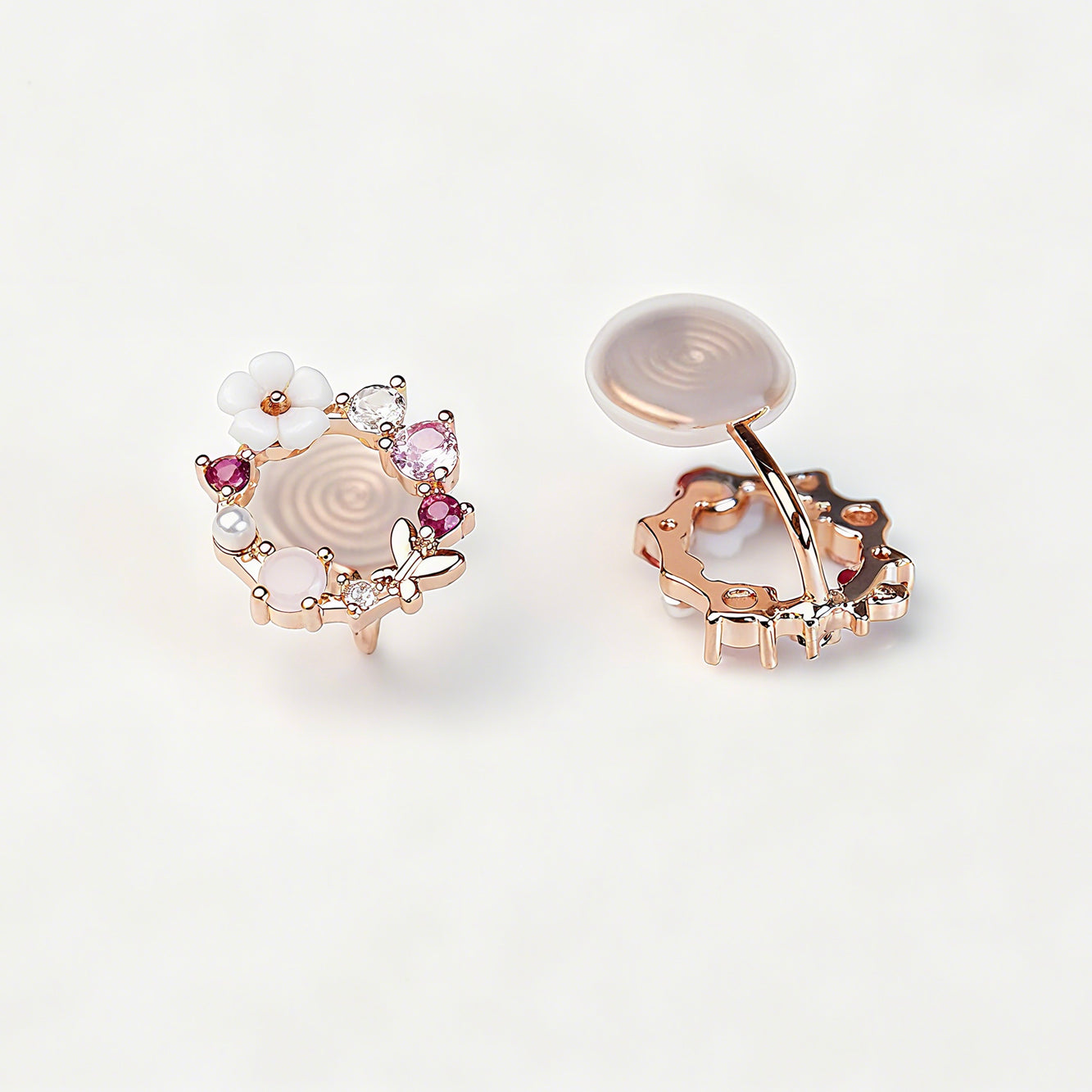 Rose Gold Pink Crystal Floral Open Clip On Earrings