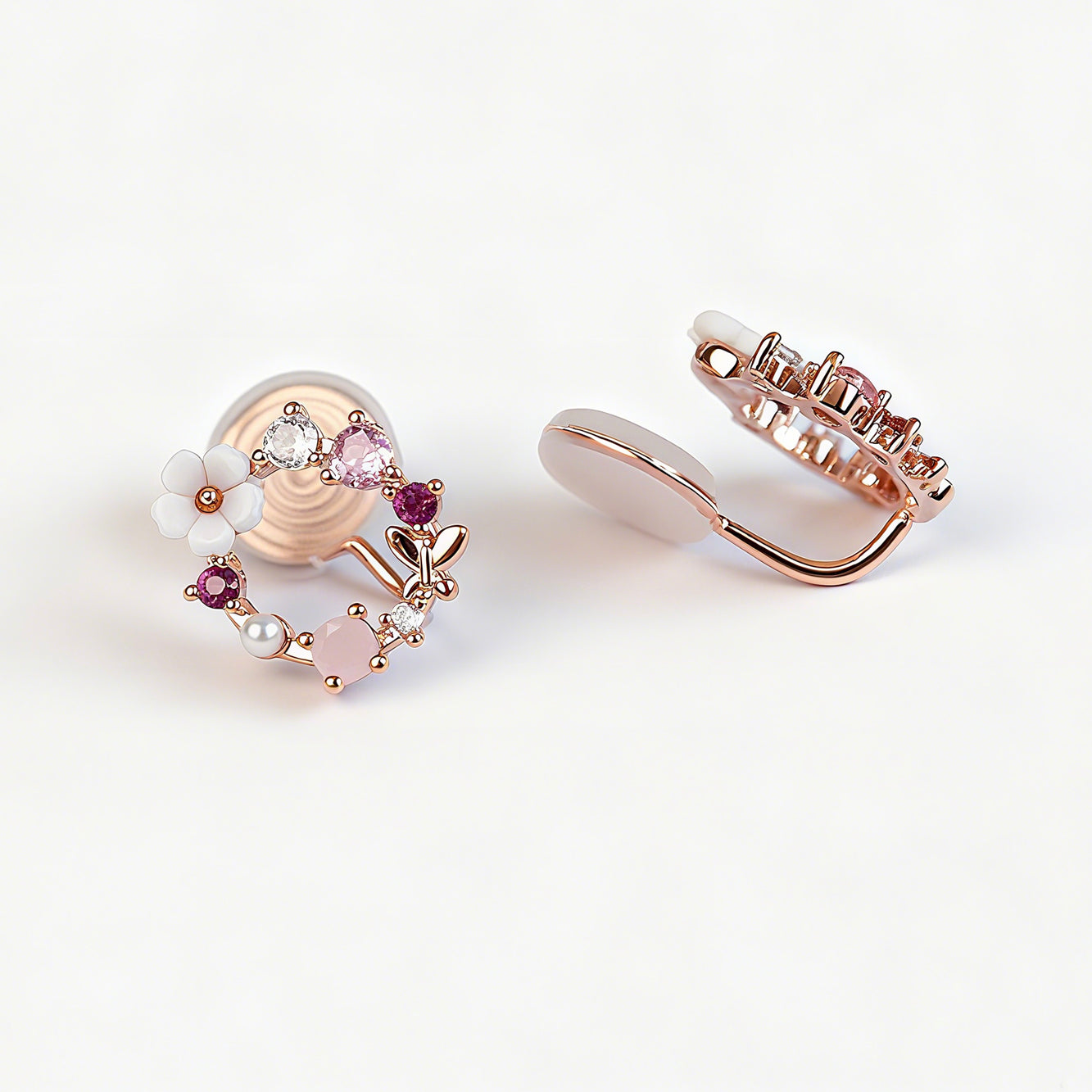 Rose Gold Pink Crystal Floral Open Clip On Earrings