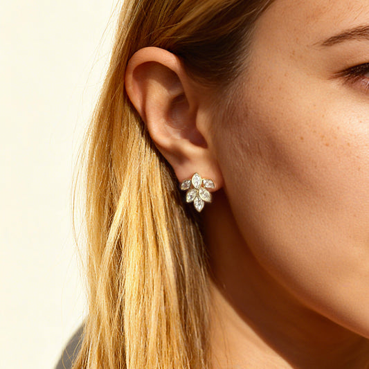 Gold Plated Crystal Leaves Stud Clip On Earrings