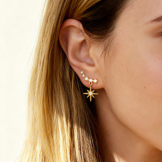Clip On Crystal Star Climber Stud Earrings