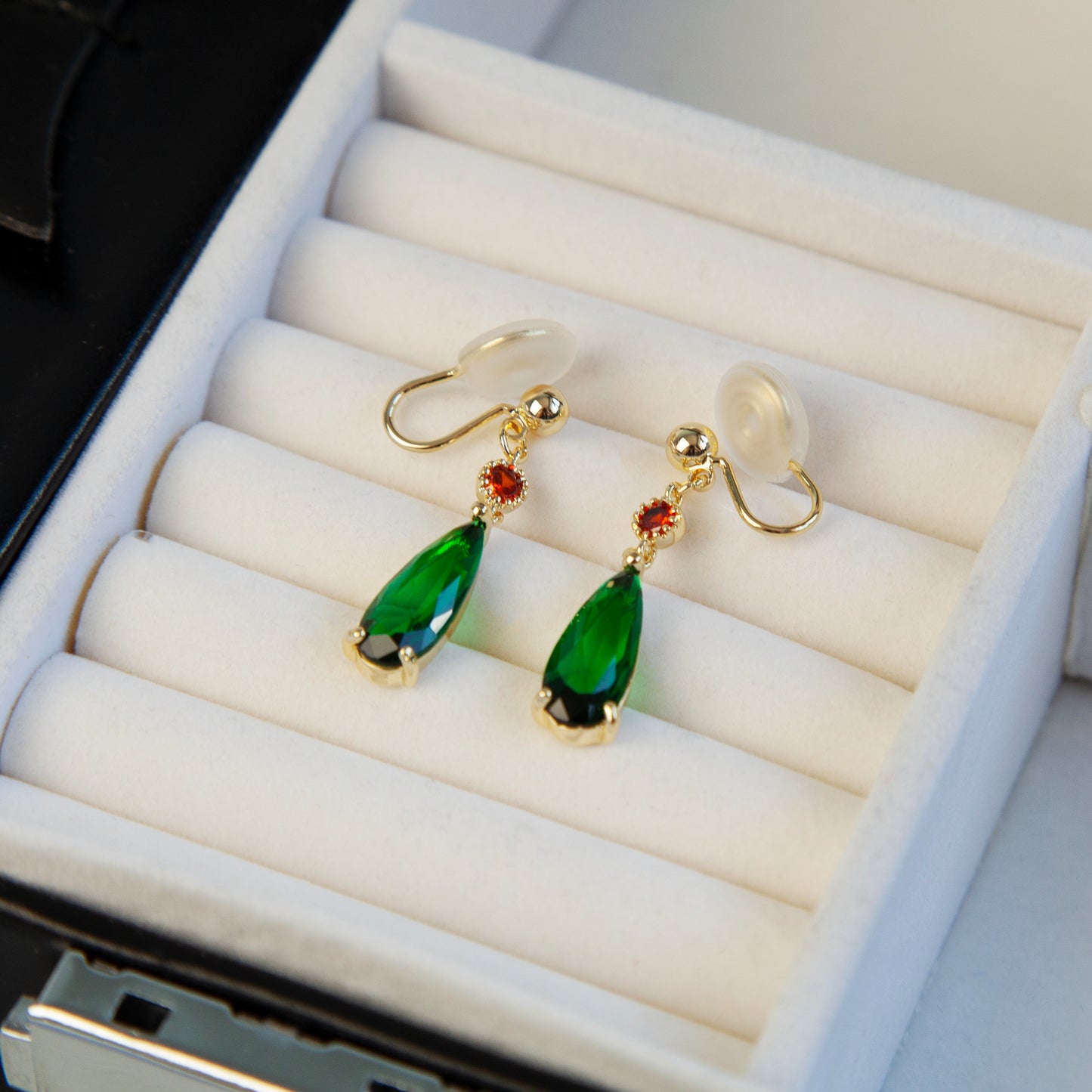 emerald green teardrop clip-on earrings