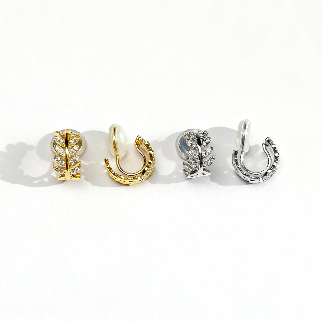 clip-on earrings gold, clip-on earrings silver, non pierced earrings, leaf hoop earrings, small hoop earrings, cubic zirconia clip-on, earrings non pierced, bridal clip-on earrings, elegant earrings no piercing