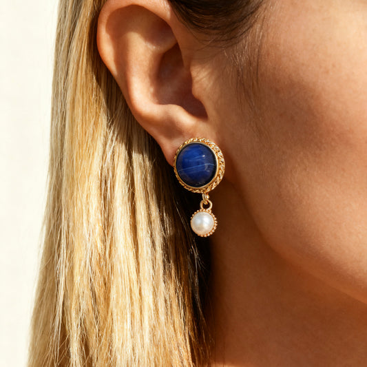 Navy & Pearl Clip-On Earrings – Vintage Gold, Screw-Back Style