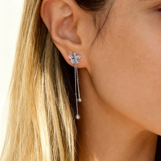 Crystal Flower Dangle Clip On Earrings