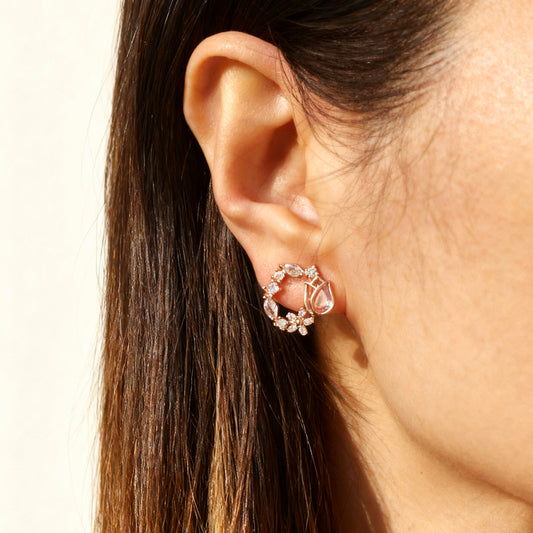 Rose Gold Pink Tulip Gemstone Crystal Wreath Clip On Earrings