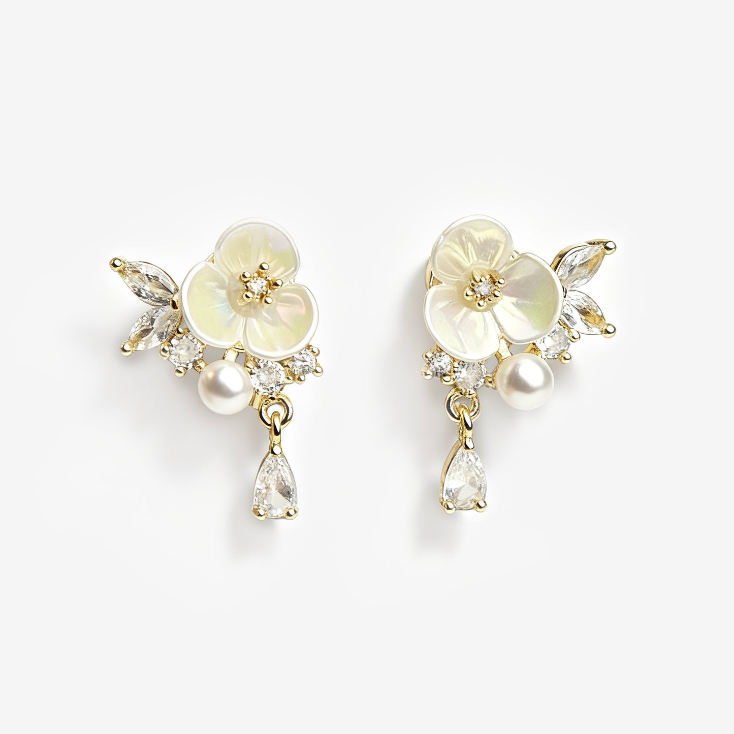 Pair of floral earrings with pearls and crystals clip on earrings, cream white clip on studs