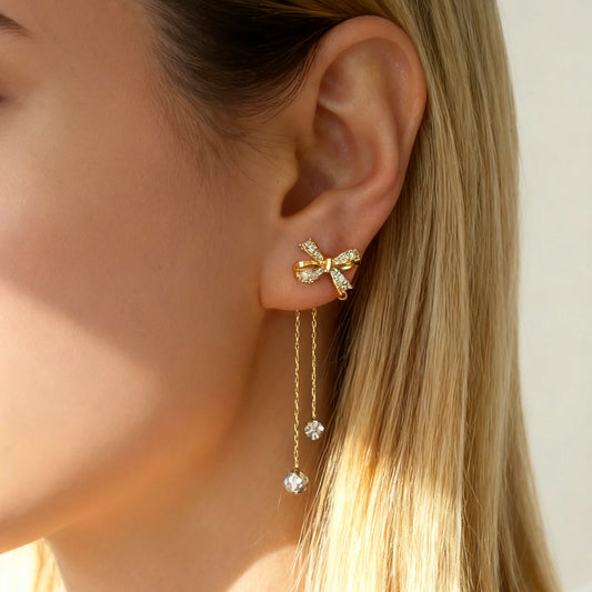 Bowknot Clip On Earrings with Tassel and Pave Diamonds