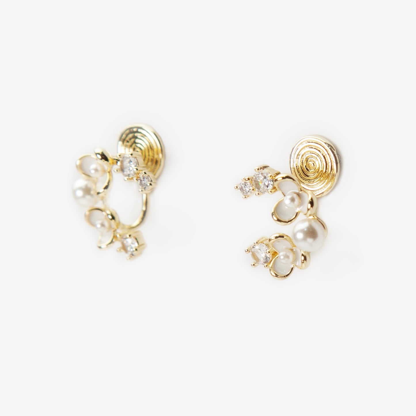 Moon Shape Clip-On Earrings with White Flowers, Clip-On Earrings with Pearls and Crystals, Non-pierced Earrings, Fairy Wedding Bridal Studs