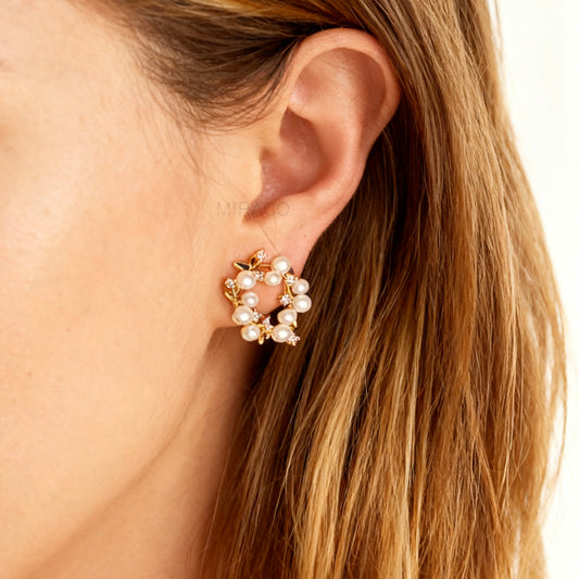 Clip On Stud Earrings with Pearls and Crystals, Gold-Tone Pearl and Crystal Wreath Earrings, Floral Open Circle Studs, Non Pierced Earrings