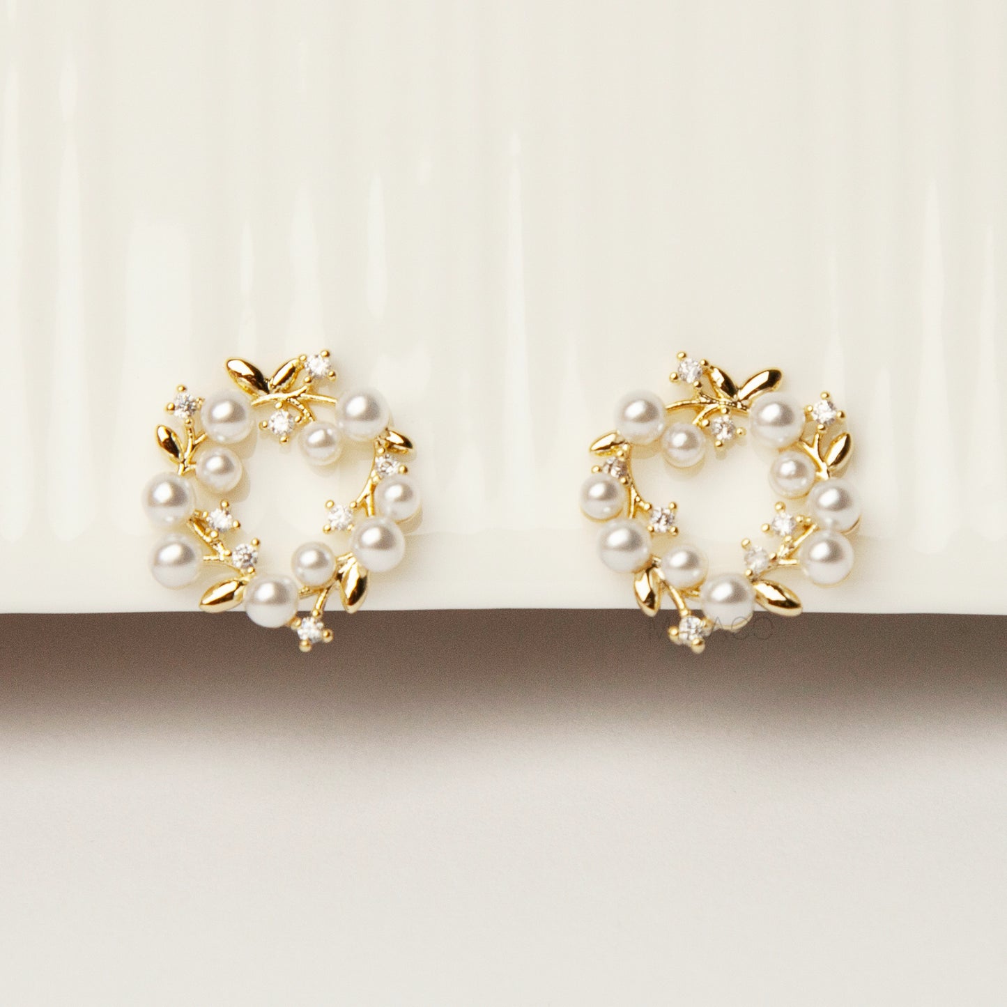 Clip On Stud Earrings with Pearls and Crystals, Gold-Tone Pearl and Crystal Wreath Earrings, Floral Open Circle Studs, Non Pierced Earrings