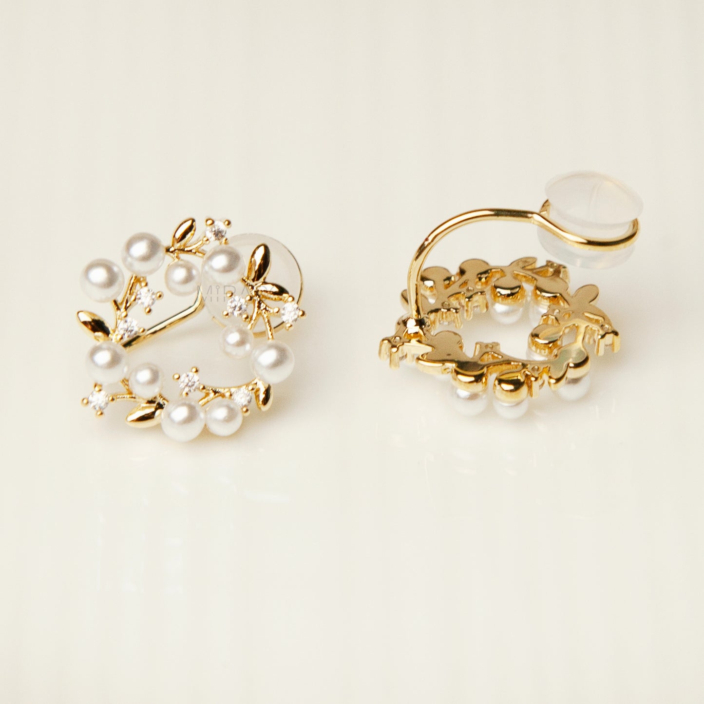 Clip On Stud Earrings with Pearls and Crystals, Gold-Tone Pearl and Crystal Wreath Earrings, Floral Open Circle Studs, Non Pierced Earrings