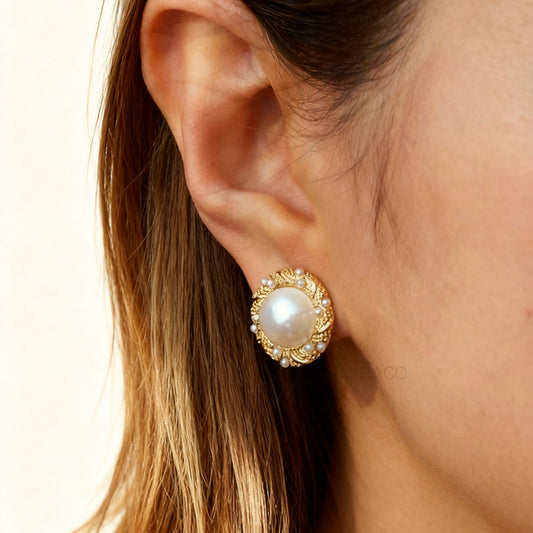 Large Pearl Clip-On Earrings, Gold Rim Round Button Non-Pierced Earrings, Retro Gold Pearl Studs, Clip On Studs Non-Pierced Earrings