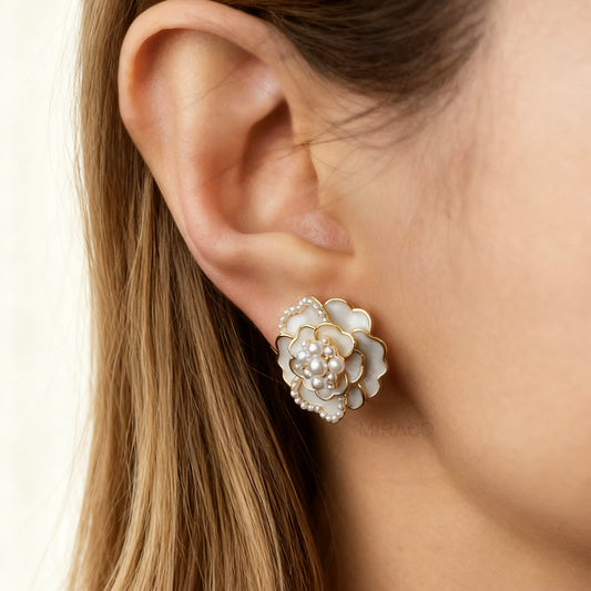 Clip On Cream White Camellia Flower Earrings Pearl Stud Earrings, Floral Clip On Earrings White Flower Stud Earrings for Non-Pierced Ears