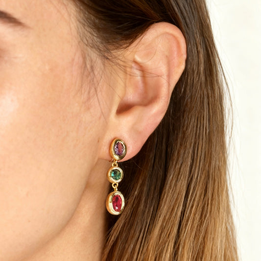 Clip On Dangle Colorful Crystal Dangle and Drop Earrings Purple Green Non Pierced Earrings