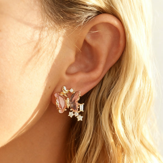 Clip On Pink Butterfly Earrings, Crystal Butterfly Stud Earrings, Fairy Insect Diamond Clip On Stud, Gold and Pink Non Pierced Earrings