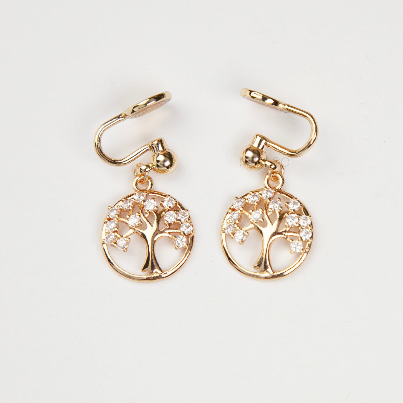 Tree of Life Clip-On Earrings – Gold Crystal Charm with Comfortable Coil Back