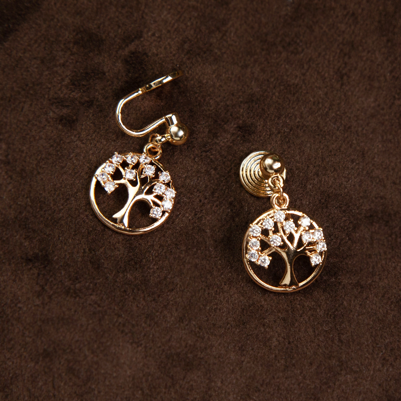 Tree of Life Clip-On Earrings – Gold Crystal Charm with Comfortable Coil Back