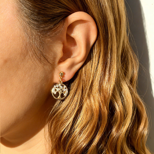Tree of Life Clip-On Earrings – Gold Crystal Charm with Comfortable Coil Back