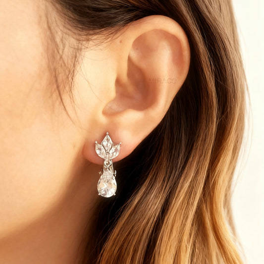 Clip On Diamond Earrings, Crystal Dangle Earrings, Clear Crystal Leaf Dangle and Drop Earrings, Non-Pierced Plant Paddle Back Earrings