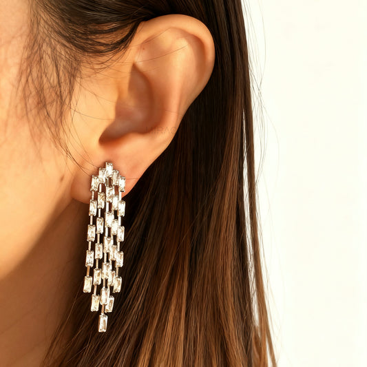 Clip On Diamond Cascade Earrings, Mini-Clip Waterfall Fringe Earrings, Clear Crystal Diamante Dangle Drop Non-Pierced Bridal Wedding Earring