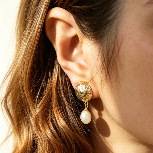 Gold Textured Orb Pearl Dangle Clip-On Earrings