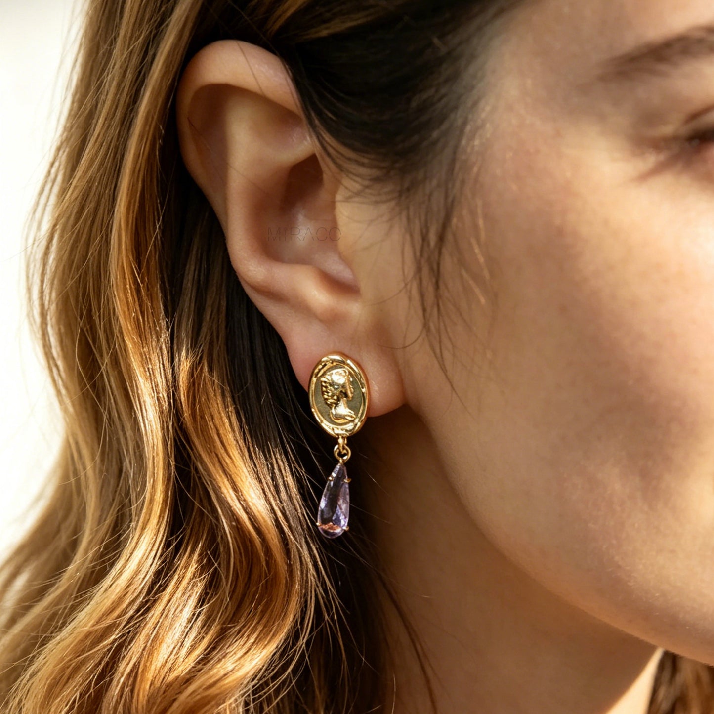 Clip On Crystal Gold Goddess Coin Dangle Earrings