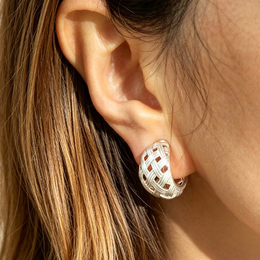 Woven Lattice Basket-Weave Clip-On Hoop Earrings