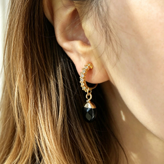 Gold CZ Huggie Hoop Clip-On Earrings with Black Onyx Drop