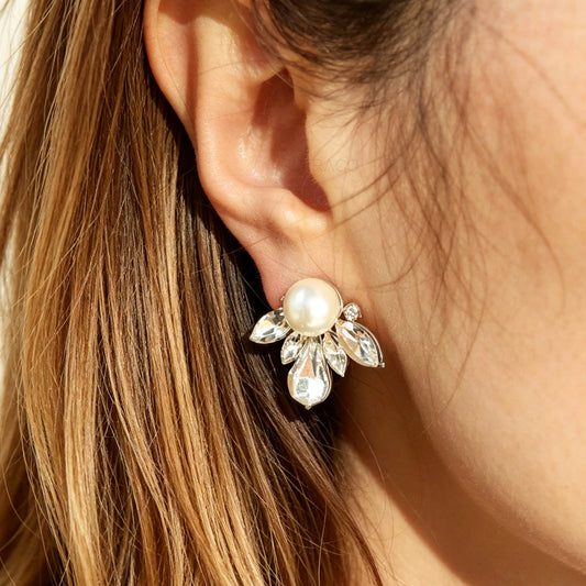 Vintage Pearl and Marquise Crystal Cluster Clip-On Earrings