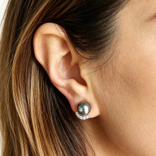 Clip On Pearl Stud Earrings, Dark Grey Pearl CZ Stud Earrings